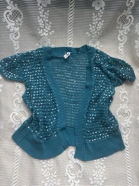 Y2K Teal Sequined Open Knit Cardigan